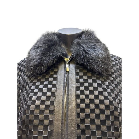 Metro Style Black Leather Jacket With Faux Fur Collar & Checkered Design M - Picture 6 of 9